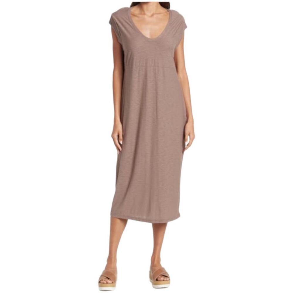 Standard James Perse Cap Sleeve Midi Shift Dress Hazel Tan Size 2 *Hole Near Hem